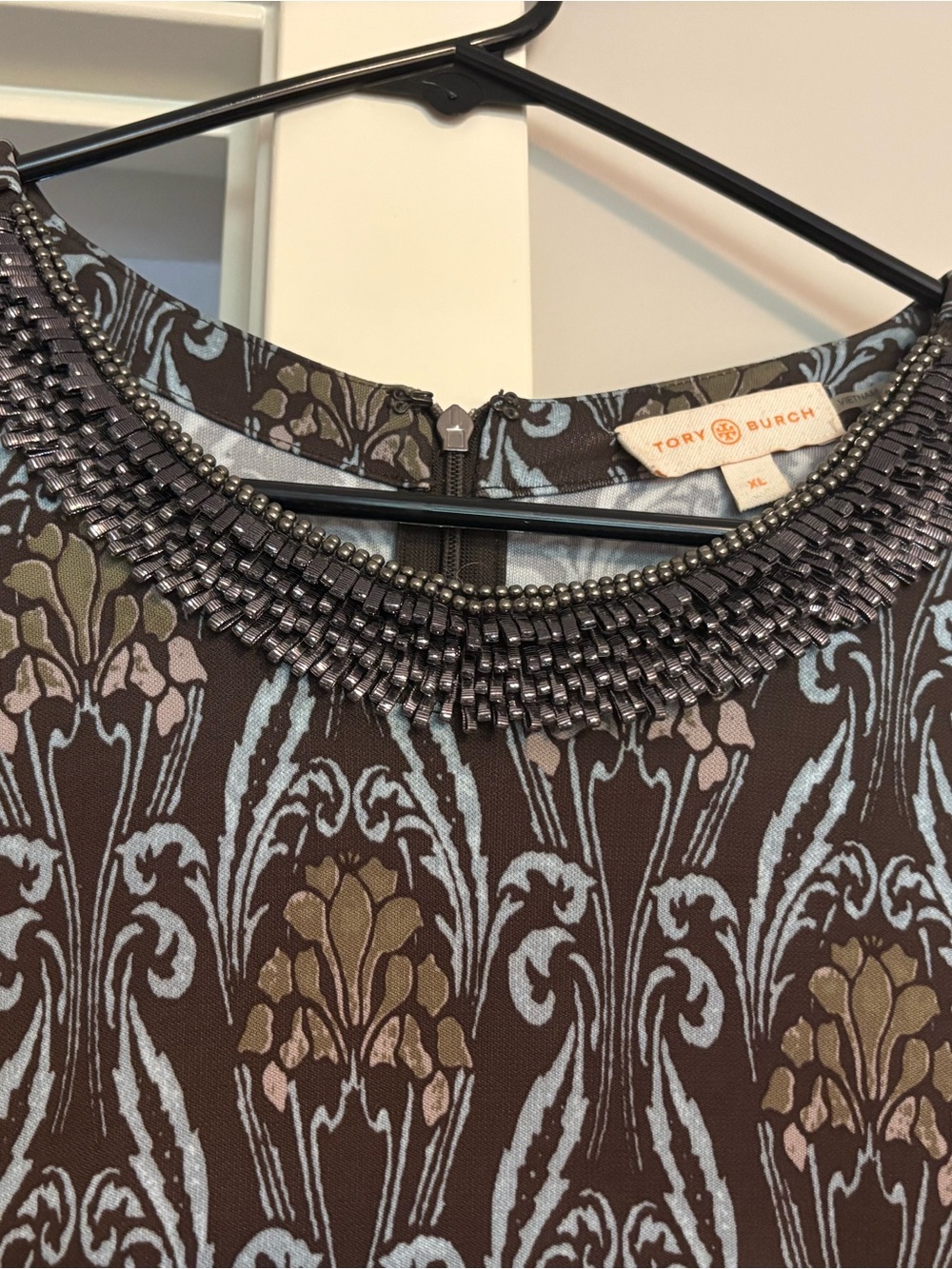 Tory Burch Brown Dress with Light Blue Floral Motif and Beaded Neckline - Picture 3 of 4